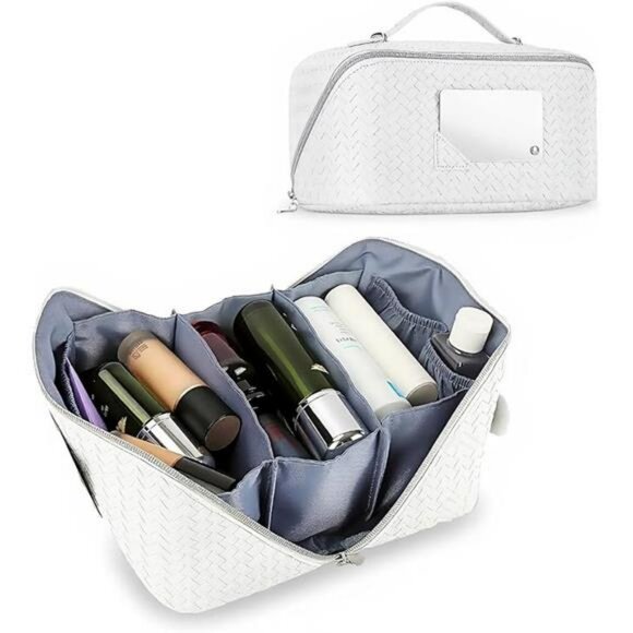 Large travel makeup bag with mirror hanging toiletry cosmetic organizer checkere - Picture 7 of 7